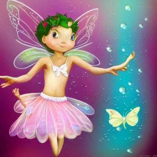 Image similar to cute fairy is dancing on a raindrop, elegant masterpiece