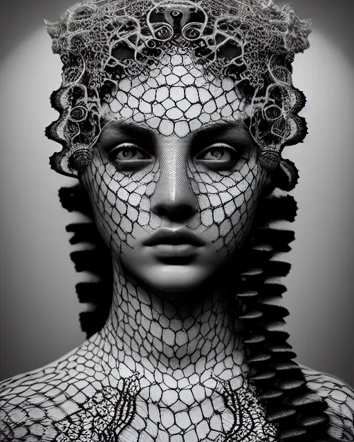 Image similar to surreal mythical dreamy artistic black and white fine art photo of a beautiful young female queen - medusa - cyborg covered with lace fish scales and translucent algae, highly detailed, intricate crystal ivy lace jelly fish scales ornate, poetic, octane render, 8 k, photo - realistic