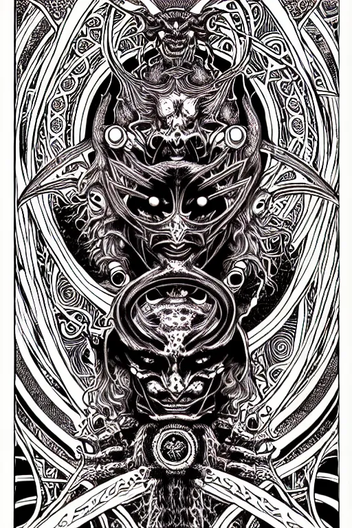 Prompt: cell shaded illustration of a demon, occult design with ornate pattern background, magic circles, sigils, intricate linework, in the style of moebius, ayami kojima, 1 9 9 0's anime, retro fantasy