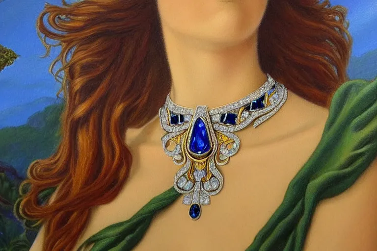 Image similar to highly detailed oil painting, front view, very realistic gemstones, art nouveau, ornate, delicate, brilliant sapphire choker, necklace on display, dramatic light,