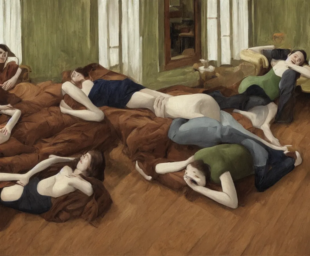 Image similar to portrait of two women lying horizontal, in an empty old english apartment with wooden floor on a brown leather sofa. one is wearing a dark blue sweather, the other a white shirt. brown hair, they are looking into the camera. wide shot. in the style of lucien freud. oil painting. green mood. isometric perspective