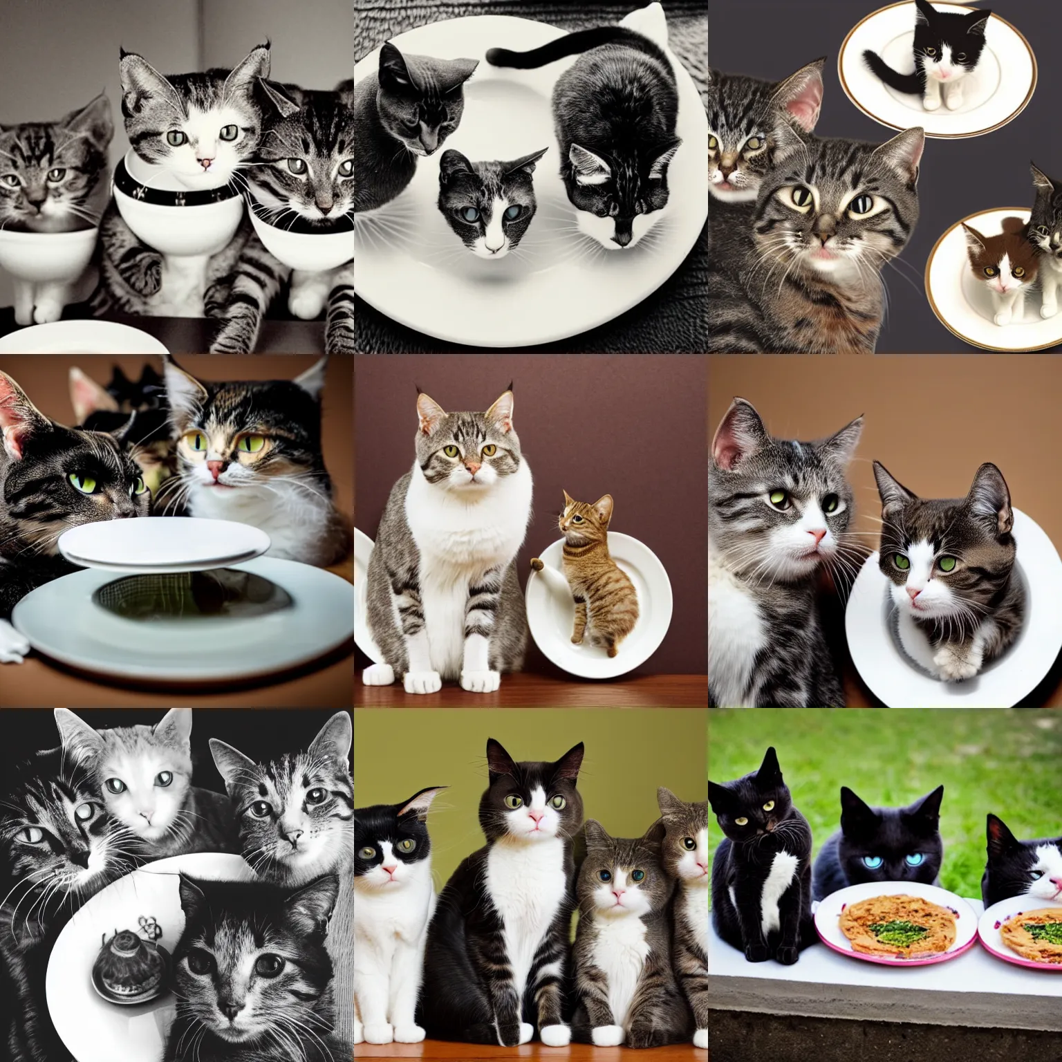 Prompt: a photo of three cats, each with a plate on top of its head