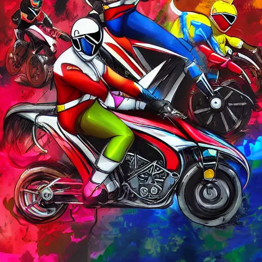 Image similar to the power rangers as motorcycle racers, digital art, colorful, messy art