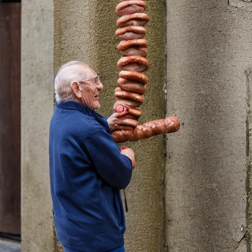 Image similar to An elderly man posting a sausage, Canon EOS R3, f/1.4, ISO 200, 1/160s, 8K, RAW, unedited, symmetrical balance, in-frame