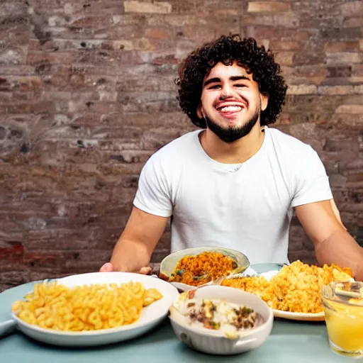 Image similar to short curly haired mixed hispanic 2 0 year old with a huge underbite is excited to feast on chicken, pork, beef, mac and cheese on the table in front of him