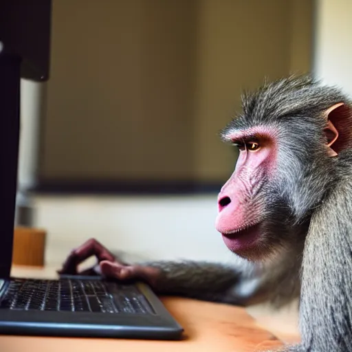 Image similar to a baboon programming, he is angrily shouting at his computer screen because the wifi crashed, in the office