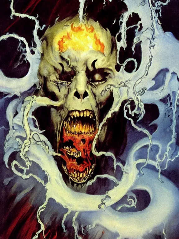 Image similar to painting by frank frazetta of a flying sorrowful looking human head with tears running down it's eyes, face that is chalk white in color, with long sprawling white tentacles stemming down it's neck, fiery scorching red eyes, flying in a terrying hellish dark cavernous place