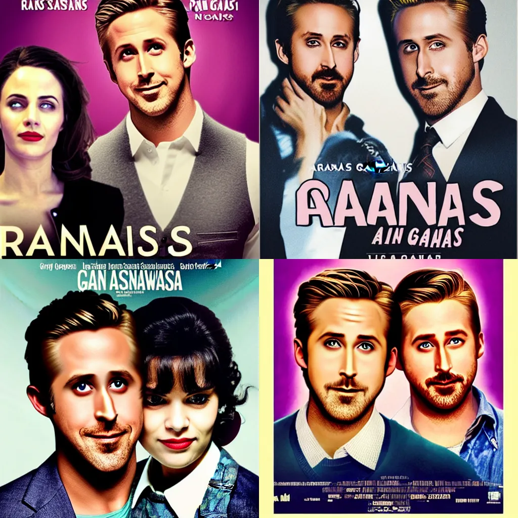 Prompt: movie poster of oscar award - winning romcom ranwas & gannas, starring ryan gosling as ranwas and ryan gosling as gannas
