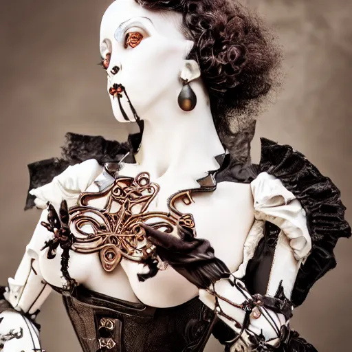 Prompt: gothic cyborg victorian bizzare porcelain woman with artnouveau garment and ornaments sharp focus 8 k