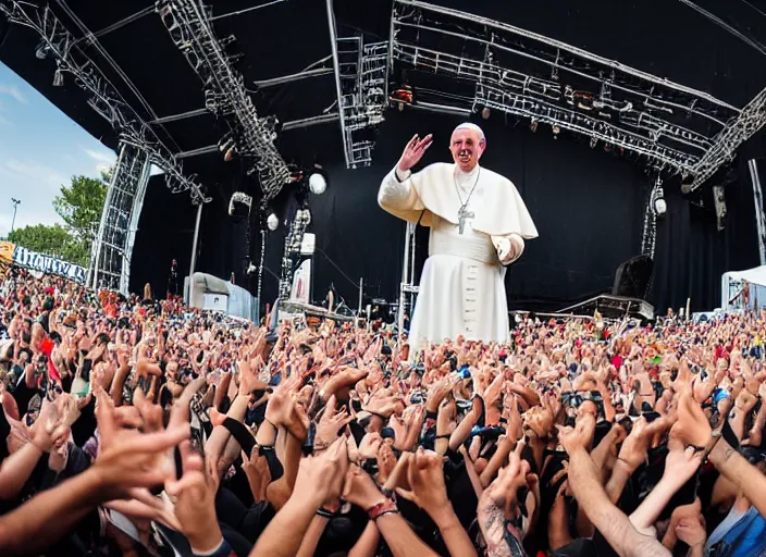 Prompt: photo still of pope francis on stage at the vans warped tour!!!!!!!! at age 3 6 years old 3 6 years of age!!!!!!!! stage diving into the crowd, 8 k, 8 5 mm f 1. 8, studio lighting, rim light, right side key light