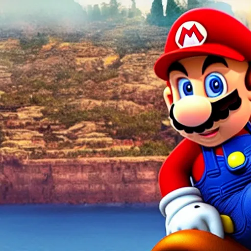 Prompt: a still of mario in among us