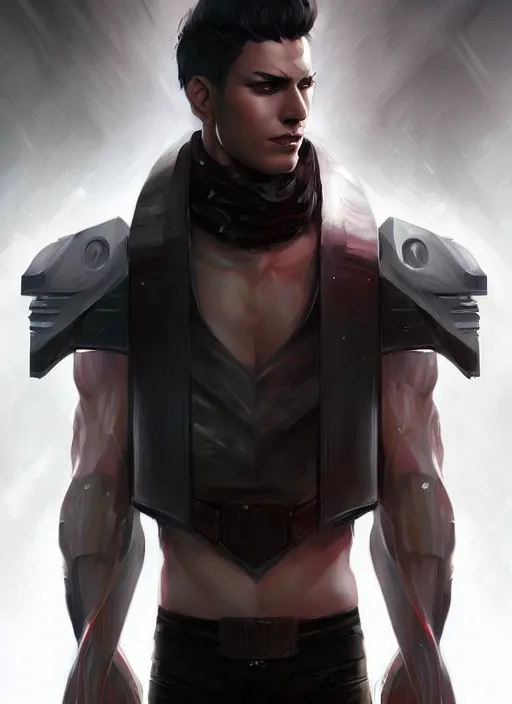 Image similar to « a portrait of a muscular cyberpunk male warrior, a digital painting by charlie bowater, featured on cgsociety, fantasy art, behance hd, wiccan, artstation hd »