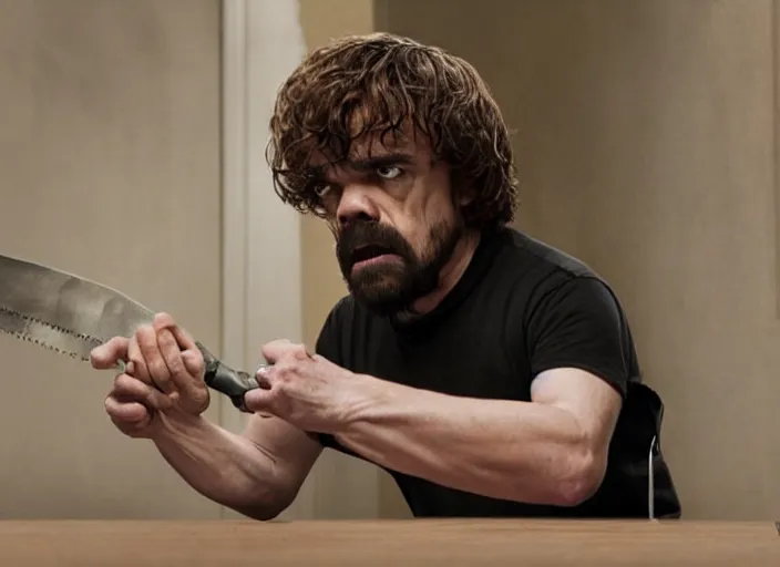 Prompt: peter dinklage knife in mouth running, movie still, from the new scream movie, 8 k, realistic