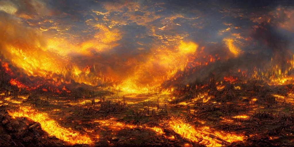 war torn hellscape drawn by thomas kinkade, flames, | Stable Diffusion ...