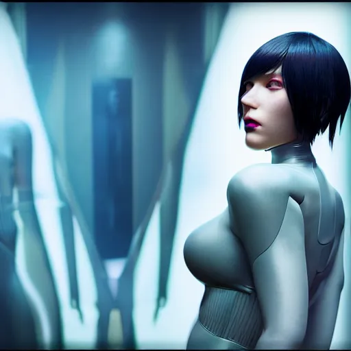 Image similar to ghost in the shell inspired avant - garde art, deco fashion, highly detailed, photorealistic portrait, bright studio setting, studio lighting, crisp quality and light reflections, unreal engine 5 quality render