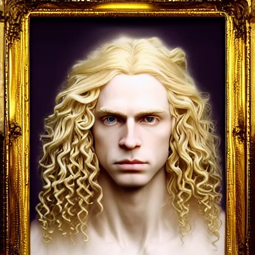 Image similar to Beautiful 3d render of the pale blond androgynous prince in a sensual pose, long curly golden blond hair, baroque curls, very very pale white skin, atmospheric lighting, painted, intricate, volumetric lighting, beautiful, rich deep colours masterpiece, golden hour, sharp focus, ultra detailed, in the style of Dan Mumford and Johfra Bosschart, with a crowded futuristic cyberpunk city in the background, astrophotgraphy