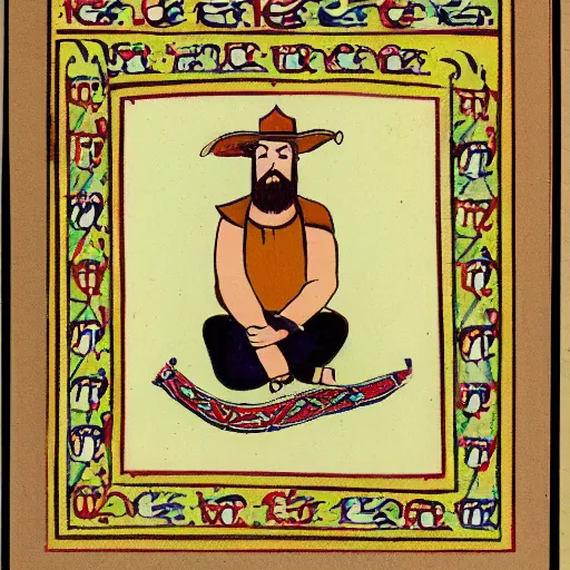 Image similar to bearded cowboy sitting cross legged, persian folkore artstyle, calligraphy border