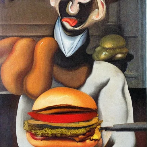 Prompt: man eating hamburger, oil painting by francis bacon,