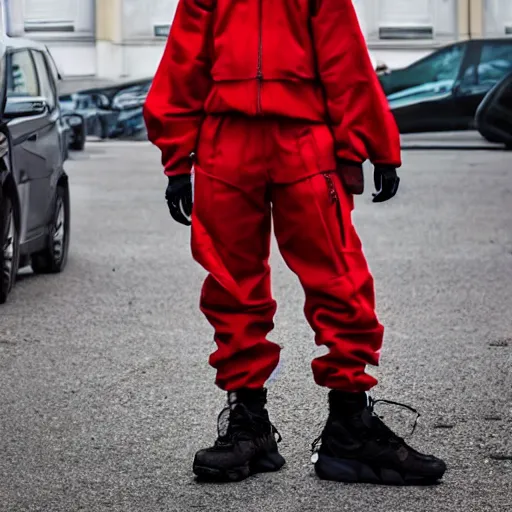 Prompt: beautiful red haired woman in techwear, warcore look and clothes, ACG, ACRNYM, Rick Owens, trending on r/streetwear, outfit photo