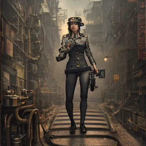 Prompt: A steampunk very detailed policewoman with highly detailed face on the street of a very highly detailed steampunk city art by Greg Rutkowski, neofuturistic highly detailed, digital concept art, Dimensional cyan gold natural light, sharp focus, Golden Ratio illustration, realistic concept art by Stephen Hickman and James Gurney and Hiromasa Ogura Ghost in the Shell rendered in Octane Render