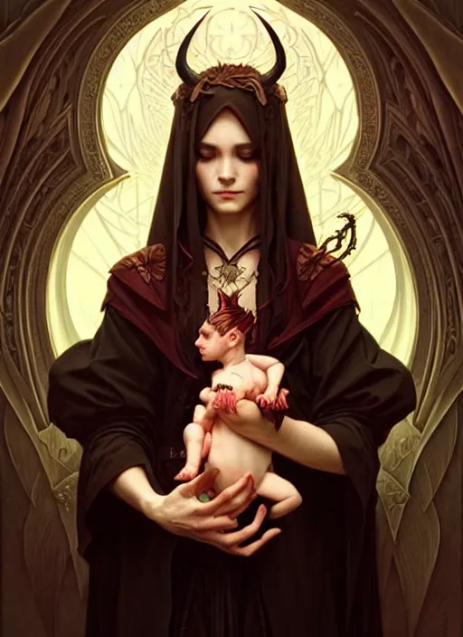 Prompt: a beautiful satanic sorcerer holding a baby dragon, intricate, sharp focus, illustration, highly detailed, digital painting, concept art, matte, art by wlop and artgerm and greg rutkowski and alphonse mucha, masterpiece