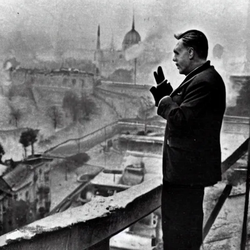 Image similar to leader of fascist hungary, viktor orban, overseeing the war torn city of budapest during the siege 1 9 4 5