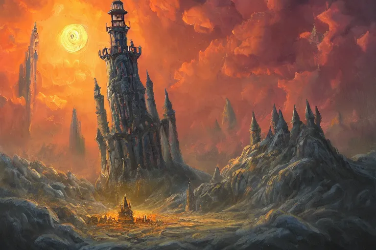 Image similar to oil painting of a sorcerer's magical tower, dark tones, bright flash, ant's eye view, ground view, intricate magic details, wizard tower, bursting with magic, trending on artstation cgmatter deviantart, ground ant perspective, looking up