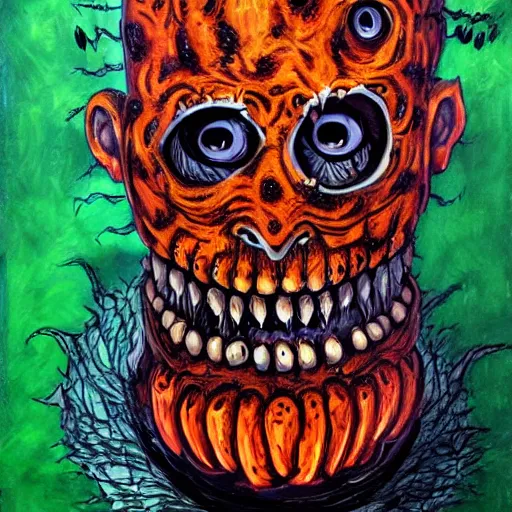 Prompt: a hideous pumpkin monster with several faces in the style of clive barker, horror, oil on canvas, trending on artstation