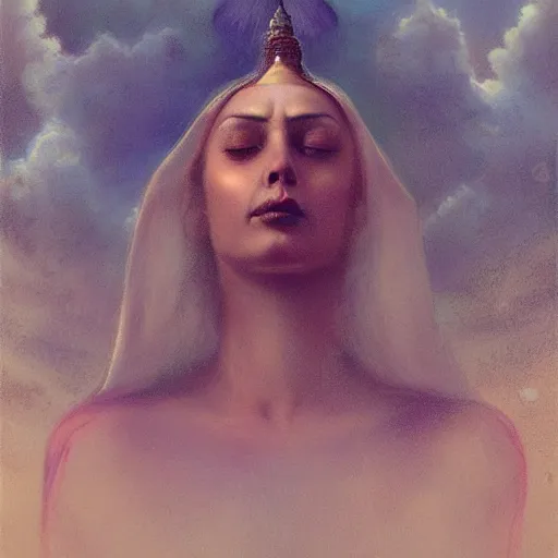 Image similar to old Indian majestic lady, looking upwards, meditation, despair, mystic, by Anato Finnstark, Tom Bagshaw, Brom