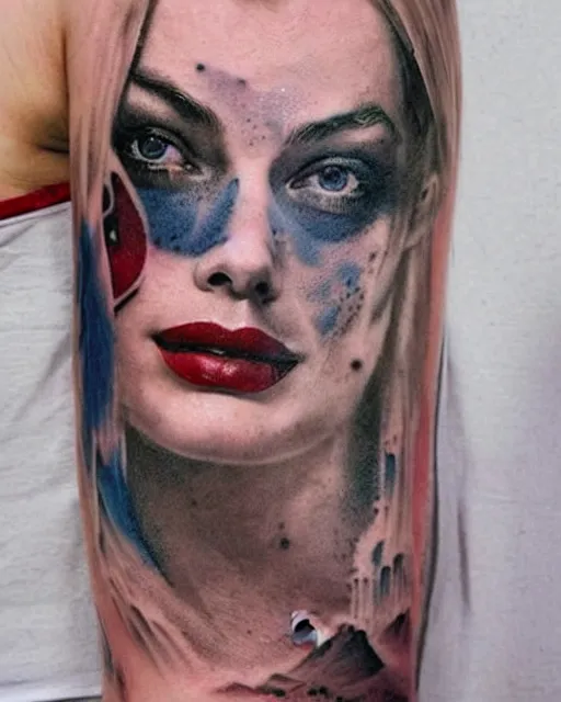 Image similar to creative double exposure effect tattoo design sketch of margot robbie as harley quinn faded with beautiful mountain scenery, realism tattoo, in the style of matteo pasqualin, amazing detail, sharp