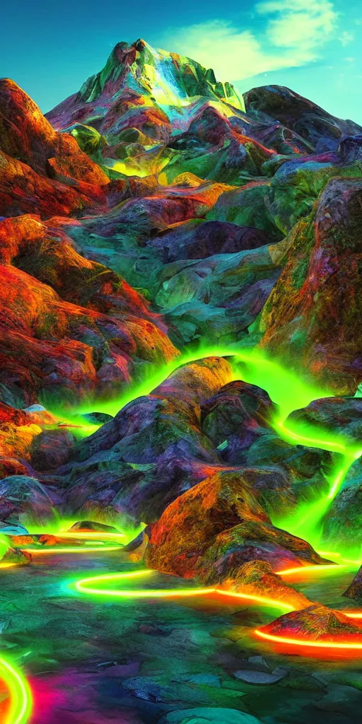 Image similar to a beautiful neon alien landscape, mountains, neon waterfalls