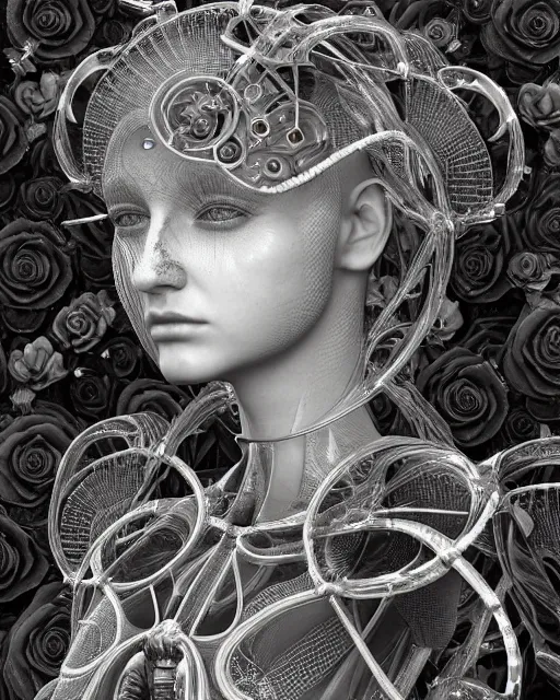 Image similar to mythical dreamy black and white organic bio-mechanical spinal ribbed profile face portrait detail of translucent steampunk beautiful female angelic-human-queen-vegetal-cyborg, highly detailed, intricate crystal ivy jelly ornate, poetic, translucent roses ornate, 3D render, digital art, octane render, 8K artistic photography, photo-realistic, by Dora Maar