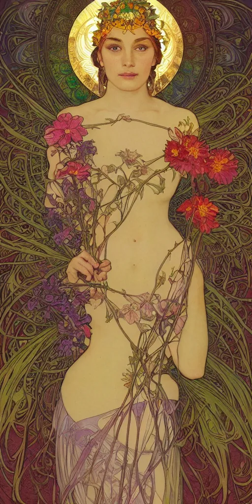Image similar to a portrait painting of a singular beautiful female godess of spring, colorful flowers, holy geometry, tarot card style, by Mohrbacher and Moebius and Alphonse Mucha and Roger Deakins, cinematic lighting, masterpiece, golden ratio background, highly detailed, 8k resolution, trending on art station