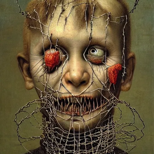 Image similar to a boy made of barbed wire looking into camera, screaming in pain, by giuseppe arcimboldo and ambrosius benson, renaissance, intricate and intense oil paint, a touch of beksinski and hr giger and edward munch, realistic