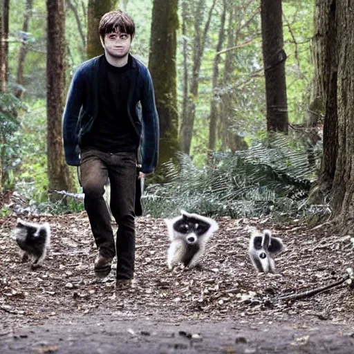 Image similar to Daniel Radcliffe lives in the woods with a pack of raccoons,