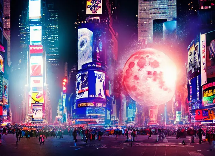 Prompt: film still of the moon shattering into pieces exploding moon over time square in the new sci - fi movie, 8 k, night time