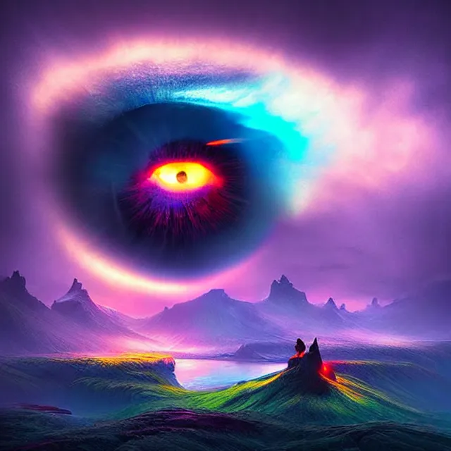 Prompt: fantasy aerial iceland landscape in the form of the human eye!!!!!, volumetric lighting, colorful, sharp and focus, ultra detailed, beautifully lit landscape, astrophotography, in the art style of dan mumford, ivan aivazovsky and marc simonetti