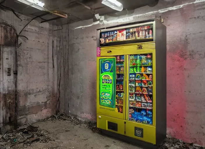 Image similar to an abandoned industrial basement lit by a lone vending machine selling GAK, unsettling image