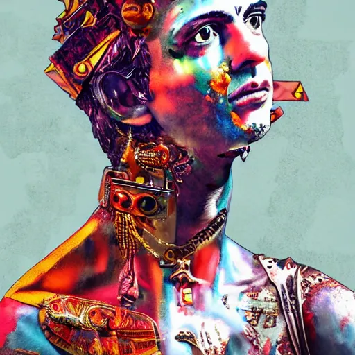 Prompt: roman god, contemporary collage, highly detailed, digital painting, 4 k, hdr, punk, fashion, smooth, sharp focus, art by nick knight, sandra chevrier and john hoyland