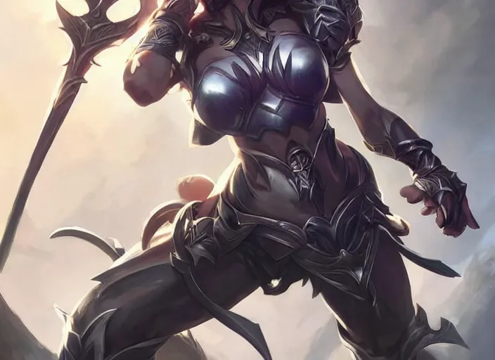 Image similar to beautiful new female character for league of legends, character concept art, action pose, illustration, full body armor, steel plating, huge weapon, super powers, athletic, symmetry, intricate design, shiny, highly detailed, 4 k, dramatic lighting, art by artgerm and greg rutkowski