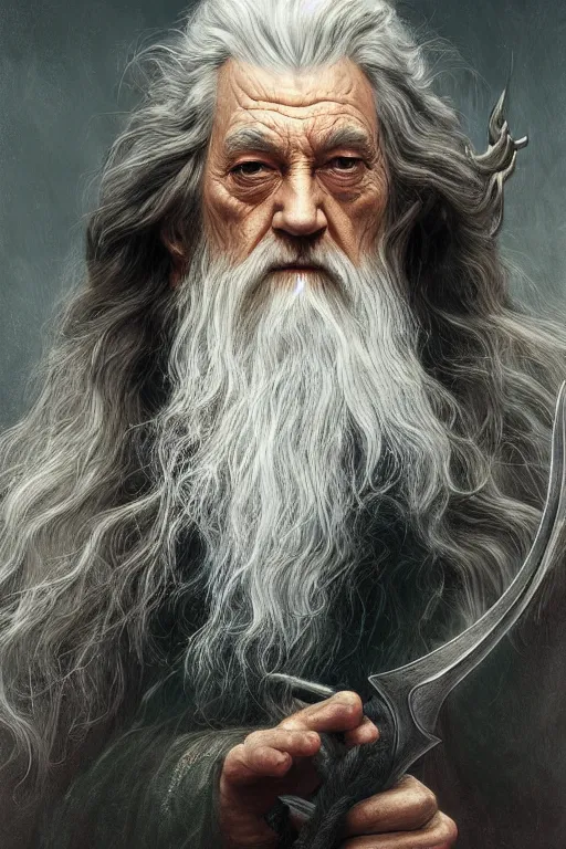 Image similar to Gandalf from Lord of the Rings, diffuse lighting, fantasy, intricate, elegant, highly detailed, lifelike, photorealistic, digital painting, artstation, illustration, concept art, smooth, sharp focus, art by John Collier and Albert Aublet and Krenz Cushart and Artem Demura and Alphonse Mucha