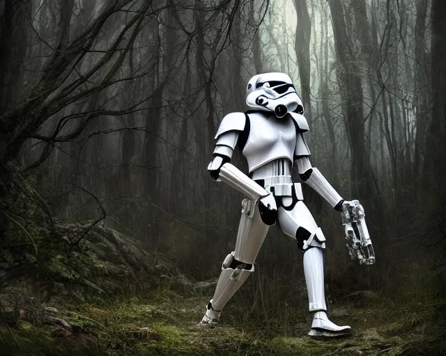 Prompt: photo of a giant huge white terminator spider with heavy duty biomechanical hydraulic cybernetic body in the forest fighting stormtroopers and a sith lord. cyberpunk horror style. highly detailed 8 k. intricate. nikon d 8 5 0 5 5 mm. award winning photography. art by hr giger and zdzislaw beksinski in the style of hzd