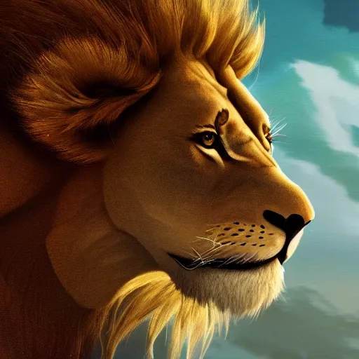 Prompt: A close up of a lion, fierce, powerful, digital painting, artstation, close up, details, sharp focus, illustration, makoto shinkai and beeple