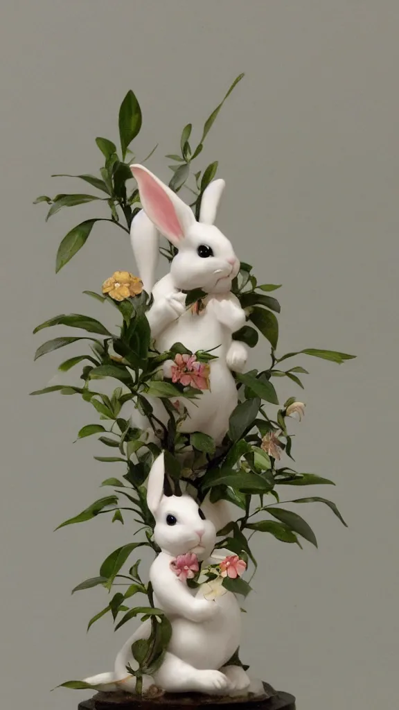 Prompt: in botanicals room a porcelain rabbit statue having a japanese kiseru in hand painted by john singer sargent