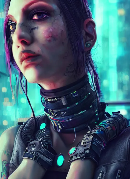 Image similar to detailed realistic female character cyberpunk wearing thick technological collar around neck, realistic, art, beautiful, 4K, collar, choker, collar around neck, punk, artstation, detailed, female, woman, choker, cyberpunk, punk, collar, choker, collar around neck,