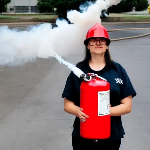 Image similar to a photo of a woman wearing a shirt holding a fire extinguisher, on her shirt writes two aunts