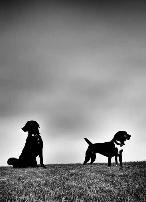 Prompt: two dogs black and white portrait white sky in background