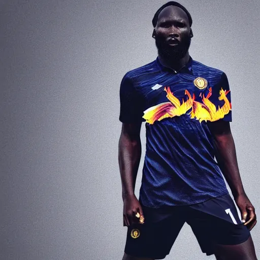 Prompt: Lukaku wearing Balenciaga digital art flames fire so cool and swag very nice I like it