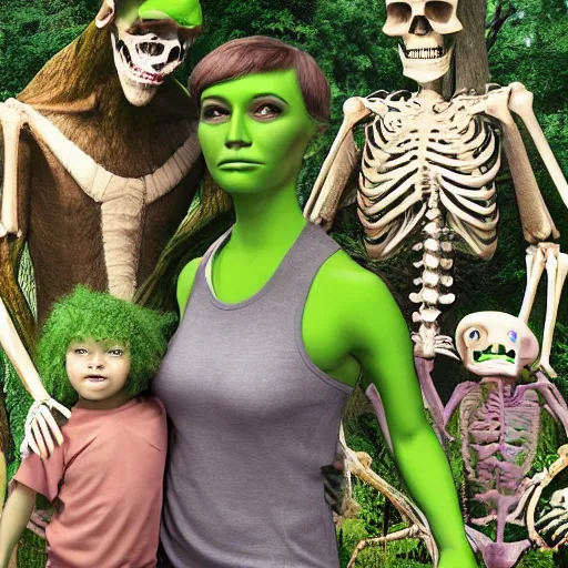 Prompt: A family portrait at the zoo of a sasquatch, a human lizard, a green alien and a skeleton, photorealistic style