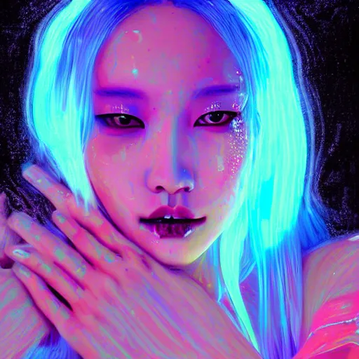Prompt: a digital painting of park soo joo in the rain with blue hair, cute - fine - face, pretty face, cyberpunk art by sim sa - jeong, cgsociety, synchromism, detailed painting, glowing neon, digital illustration, perfect face, extremely fine details, realistic shaded lighting, dynamic colorful background